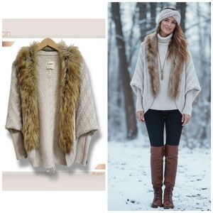 🌿Cozy A.Gain Wool Blend Faux Fur Open Cardigan Cable Knit Cream Sweater Sz Lg